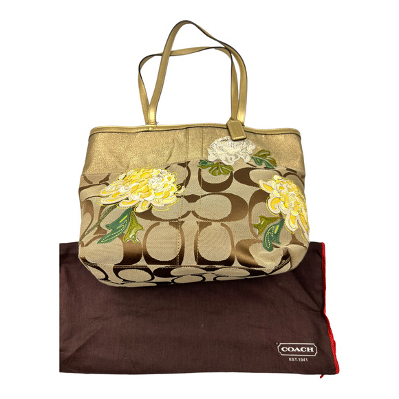 COACH Signature C Khaki Gold Leather Poppy Glam Shoulder Tote Bag 13826 - Picture 1 of 8
